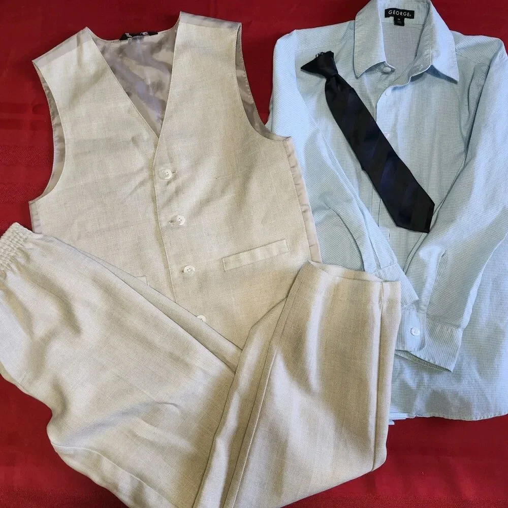 George Boys 4-Piece Linen Suit Set Size 10 Beige Vest Pants Blue Shirt Tie